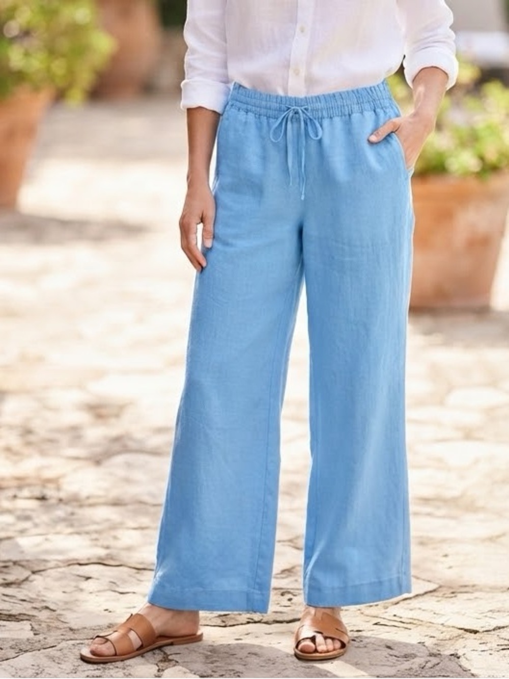 Elie Tahari Blue 100% Linen Relaxed Wide Leg Drawstring Pants. Women’s Large